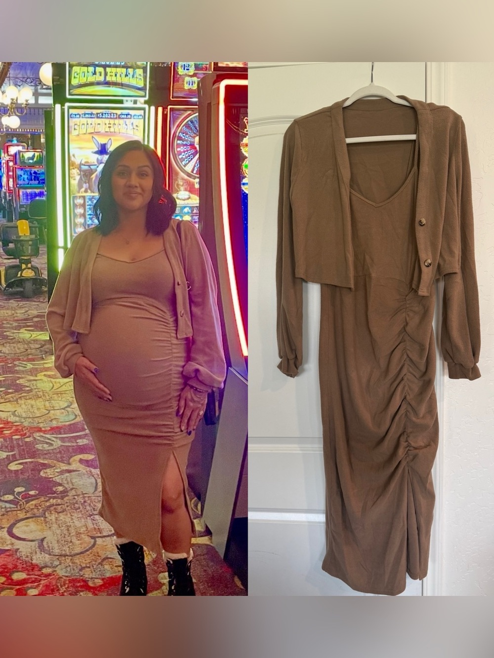 SHEIN Maternity Brown Ruched Maxi Dress with Cardigan Set